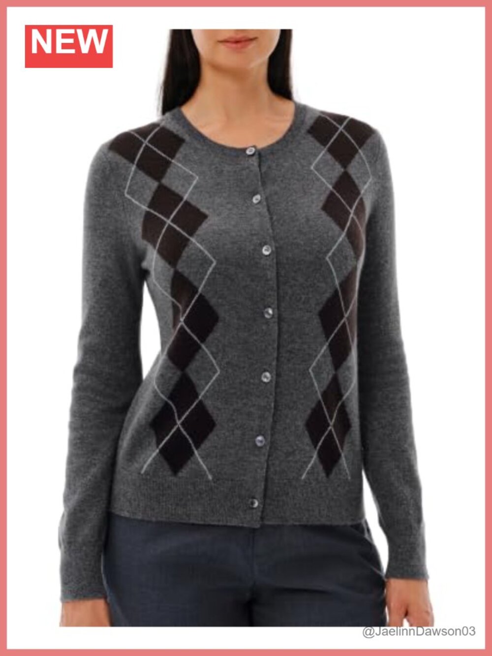 100% Cashmere Argyle Crew Neck Button Front Cardigan Sweater